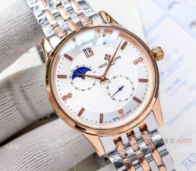 Knockoff Patek Philippe Calatrava moonphase Watches 2Tone Rose Gold White Dial